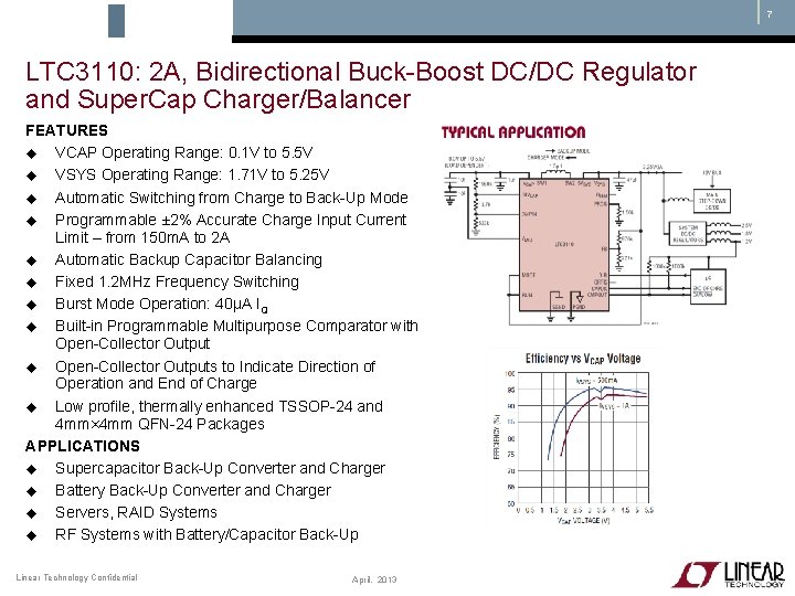 7 LTC 3110: 2 A, Bidirectional Buck-Boost DC/DC Regulator and Super. Cap Charger/Balancer FEATURES