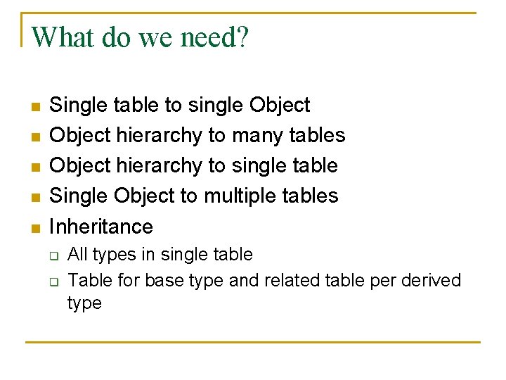 What do we need? n n n Single table to single Object hierarchy to