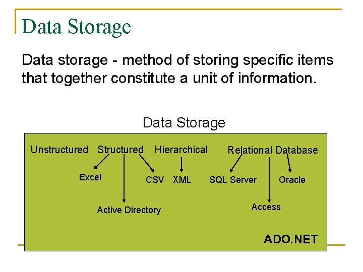 Data Storage Data storage - method of storing specific items that together constitute a