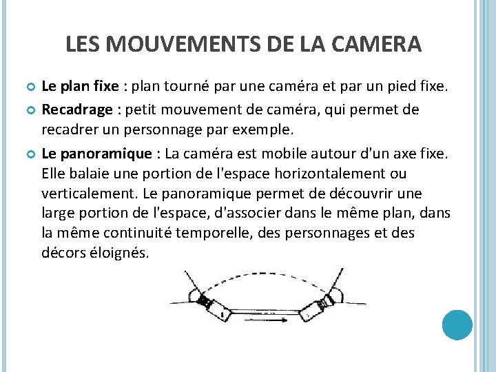 LES MOUVEMENTS DE LA CAMERA Le plan fixe : plan tourné par une caméra