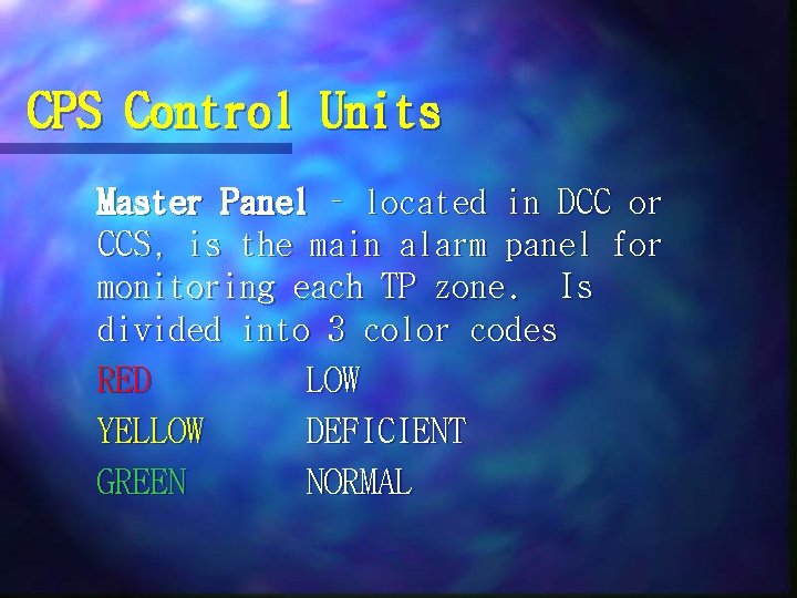 CPS Control Units Master Panel – located in DCC or CCS, is the main