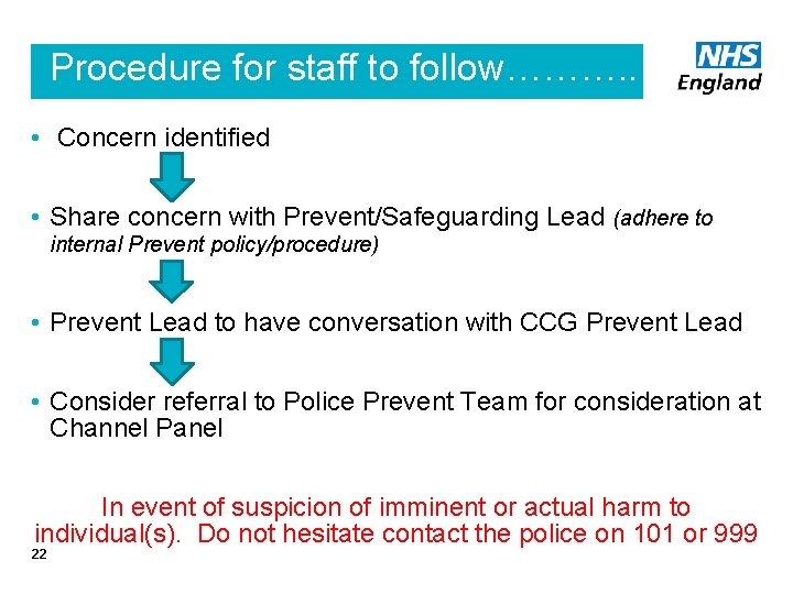 Procedure for staff to follow………. . • Concern identified • Share concern with Prevent/Safeguarding