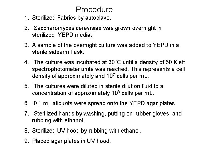 Procedure 1. Sterilized Fabrics by autoclave. 2. Saccharomyces cerevisiae was grown overnight in sterilized