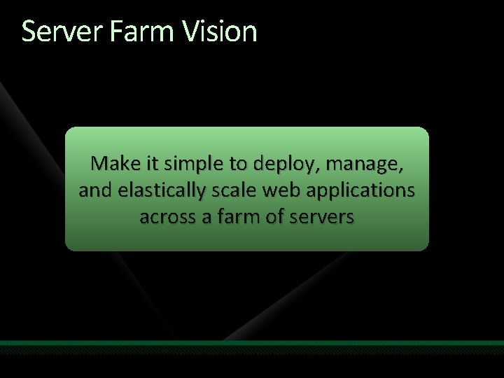 Server Farm Vision Make it simple to deploy, manage, and elastically scale web applications Server Farm Vision Make it simple to deploy, manage, and elastically scale web applications