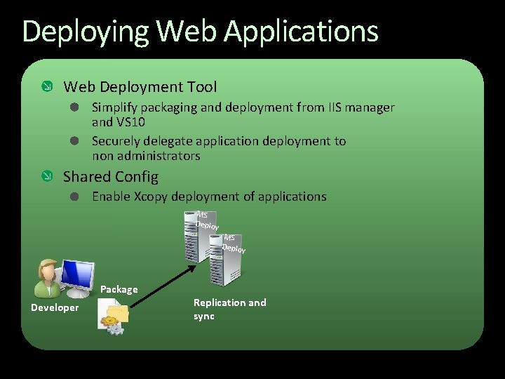 Deploying Web Applications Web Deployment Tool Simplify packaging and deployment from IIS manager and Deploying Web Applications Web Deployment Tool Simplify packaging and deployment from IIS manager and