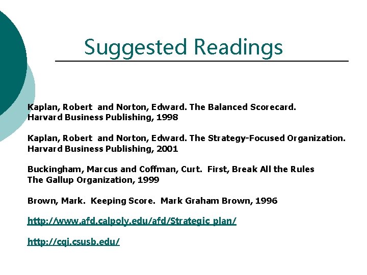 Suggested Readings Kaplan, Robert and Norton, Edward. The Balanced Scorecard. Harvard Business Publishing, 1998