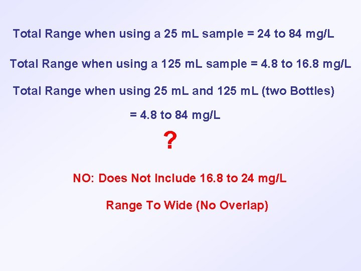 Total Range when using a 25 m. L sample = 24 to 84 mg/L