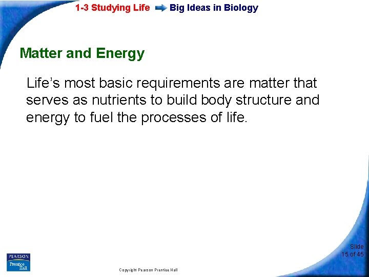 1 -3 Studying Life Big Ideas in Biology Matter and Energy Life’s most basic