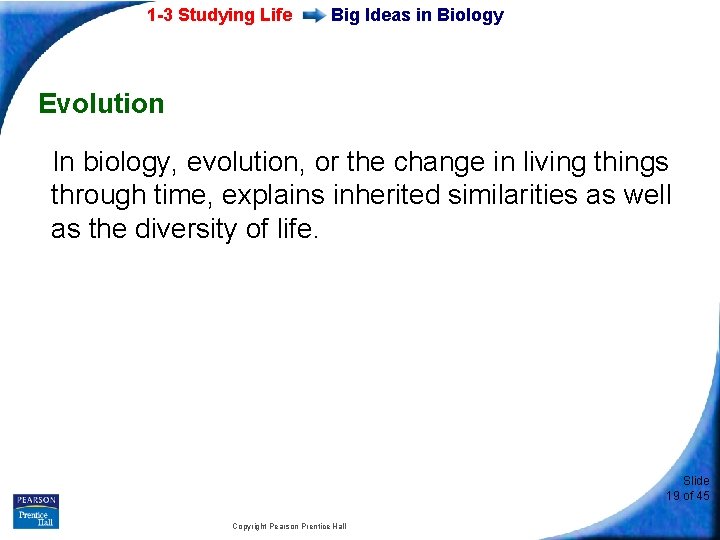 1 -3 Studying Life Big Ideas in Biology Evolution In biology, evolution, or the