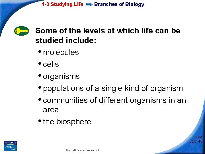 1 -3 Studying Life Branches of Biology Some of the levels at which life