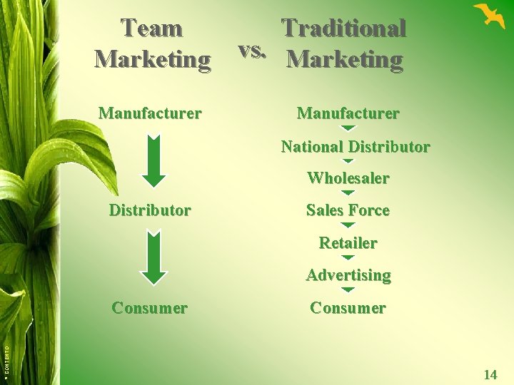 Team Marketing Manufacturer Traditional vs. Marketing Manufacturer National Distributor Wholesaler Distributor Sales Force Retailer