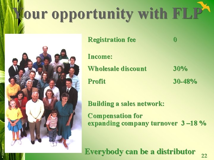 Your opportunity with FLP Registration fee 0 Income: Wholesale discount 30% Profit 30 -48%