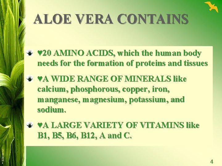 ALOE VERA CONTAINS ♥ 20 AMINO ACIDS, which the human body needs for the