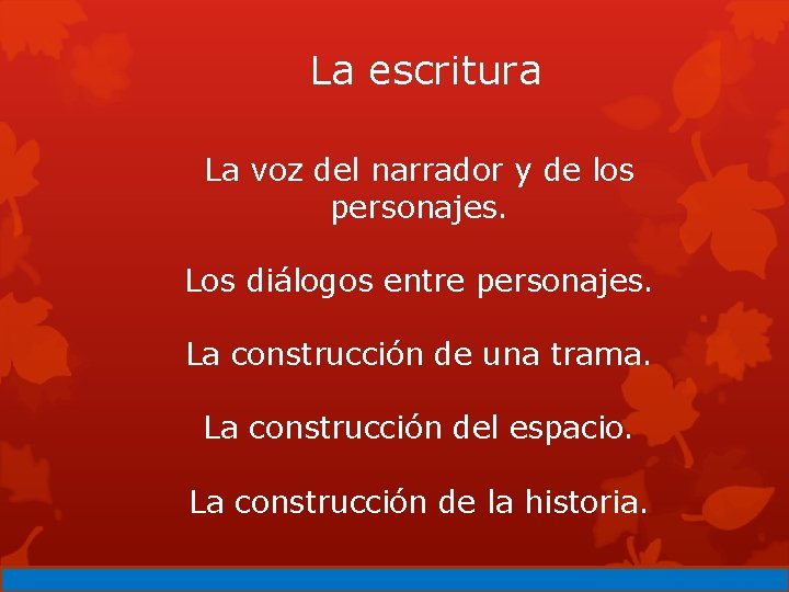 La escritura La voz del narrador y de los personajes. Los diálogos entre personajes.