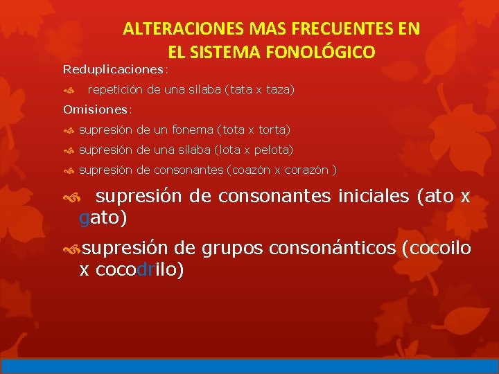 ALTERACIONES MAS FRECUENTES EN EL SISTEMA FONOLÓGICO Reduplicaciones: repetición de una silaba (tata x