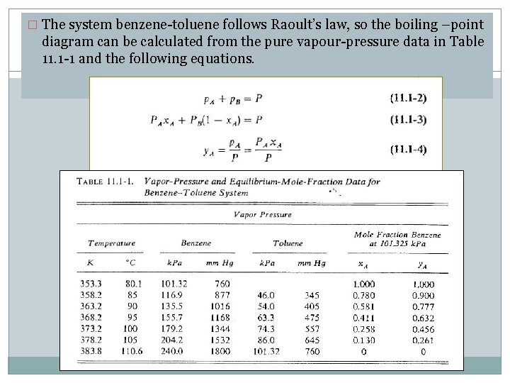 � The system benzene-toluene follows Raoult’s law, so the boiling –point diagram can be