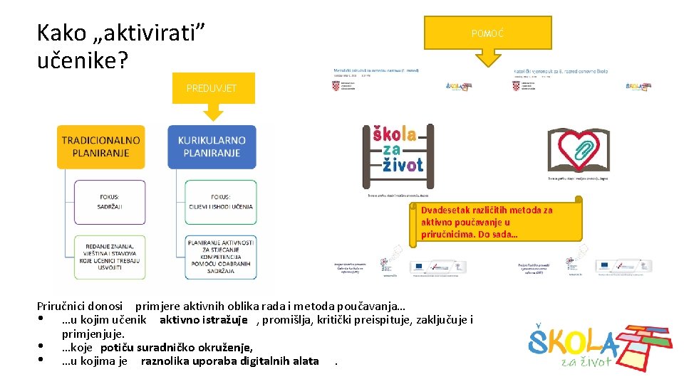 Kako „aktivirati” učenike? POMOĆ PREDUVJET Dvadesetak različitih metoda za aktivno poučavanje u priručnicima. Do