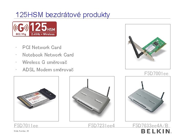 125 HSM bezdrátové produkty • • PCI Network Card Notebook Network Card Wireless G