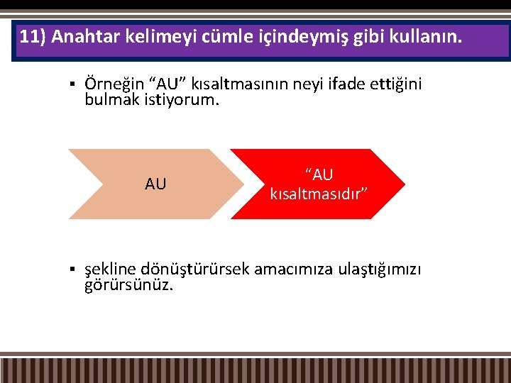 11) Anahtar kelimeyi cümle içindeymiş gibi kullanın. § Örneğin “AU” kısaltmasının neyi ifade ettiğini