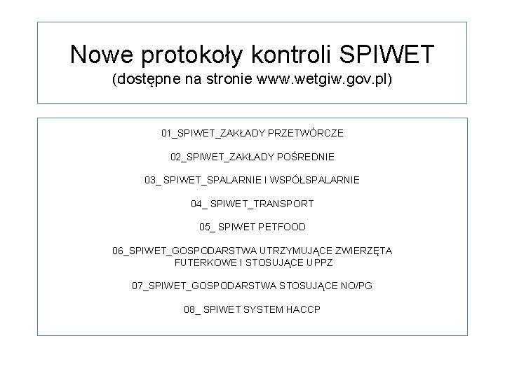 Nowe protokoły kontroli SPIWET (dostępne na stronie www. wetgiw. gov. pl) 01_SPIWET_ZAKŁADY PRZETWÓRCZE 02_SPIWET_ZAKŁADY