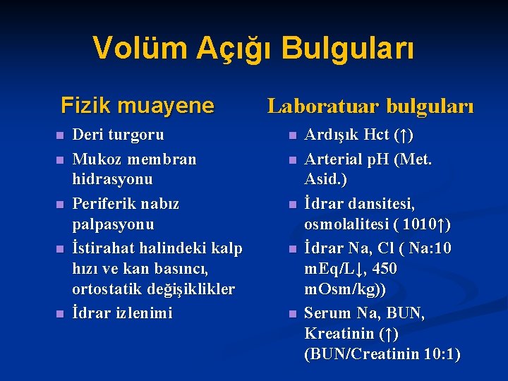 Volüm Açığı Bulguları Fizik muayene n n n Deri turgoru Mukoz membran hidrasyonu Periferik