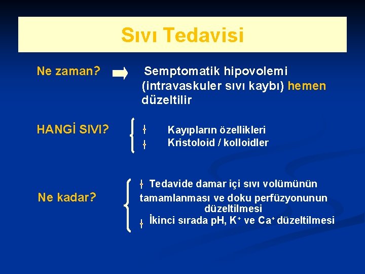 Sıvı Tedavisi Ne zaman? HANGİ SIVI? Ne kadar? Semptomatik hipovolemi (intravaskuler sıvı kaybı) hemen
