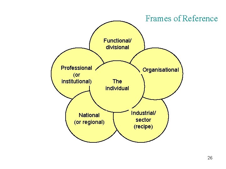Frames of Reference Functional/ divisional Professional (or institutional) National (or regional) Organisational The individual