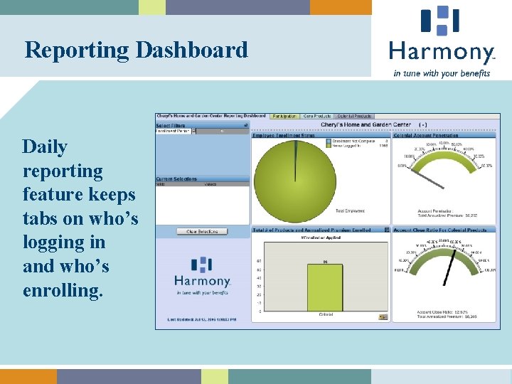 Reporting Dashboard Daily reporting feature keeps tabs on who’s logging in and who’s enrolling.