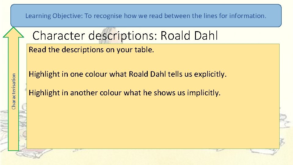 Learning Objective: To recognise how we read between the lines for information. Character descriptions: