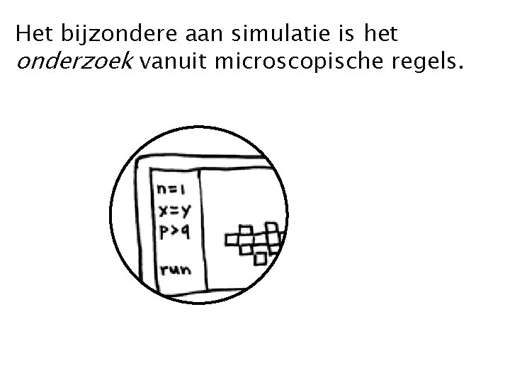 Het bijzondere aan simulatie is het onderzoek vanuit microscopische regels. 