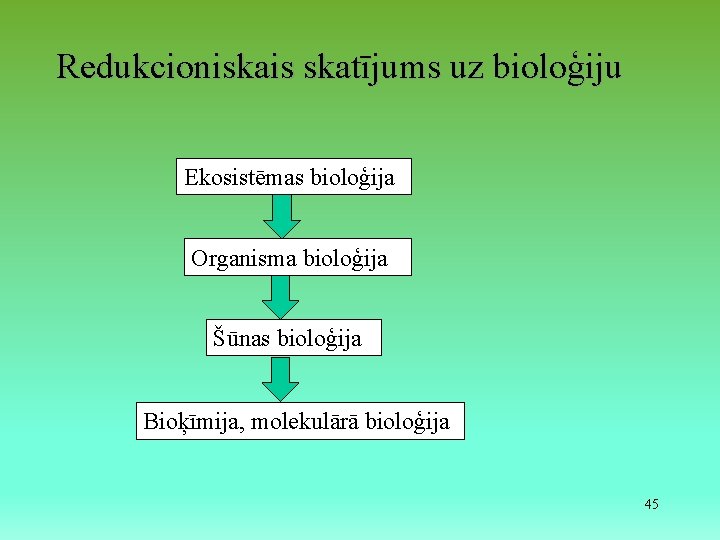 Redukcioniskais skatījums uz bioloģiju Ekosistēmas bioloģija Organisma bioloģija Šūnas bioloģija Bioķīmija, molekulārā bioloģija 45