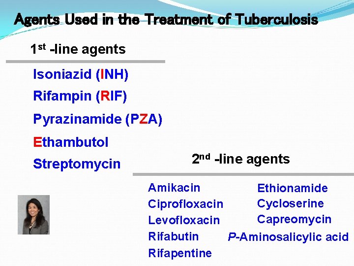 Agents Used in the Treatment of Tuberculosis 1 st -line agents Isoniazid (INH) Rifampin