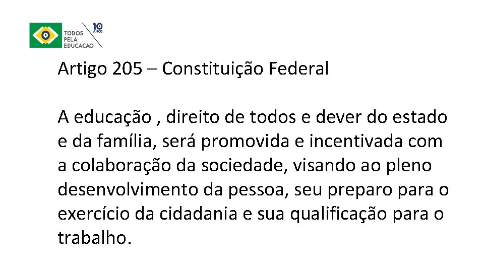Artigo 205 – Constituição Federal A educação , direito de todos e dever do