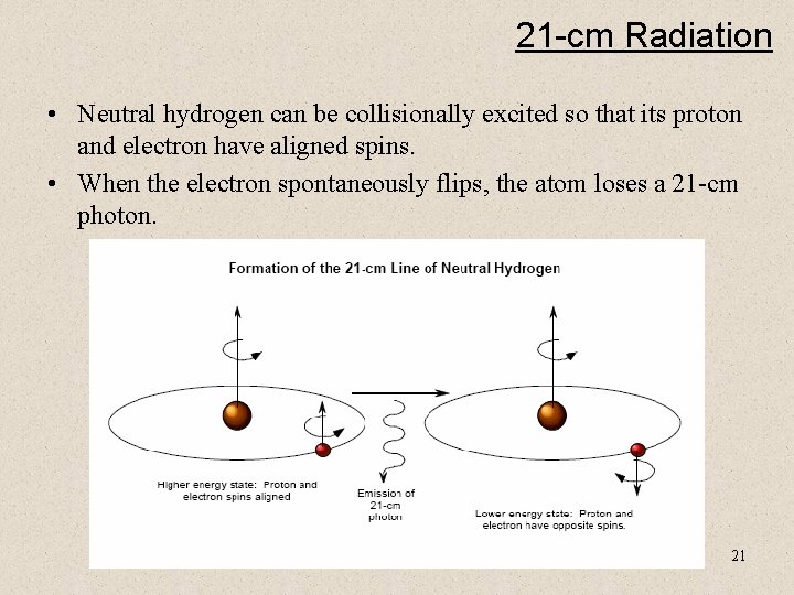 21 -cm Radiation • Neutral hydrogen can be collisionally excited so that its proton