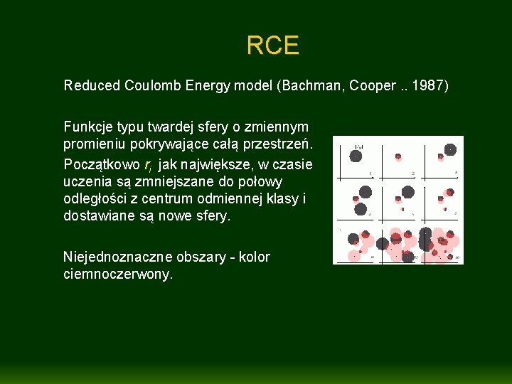 RCE Reduced Coulomb Energy model (Bachman, Cooper. . 1987) Funkcje typu twardej sfery o