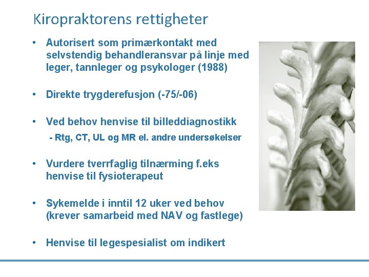Kiropraktorens rettigheter • Autorisert som primærkontakt med selvstendig behandleransvar på linje med leger, tannleger
