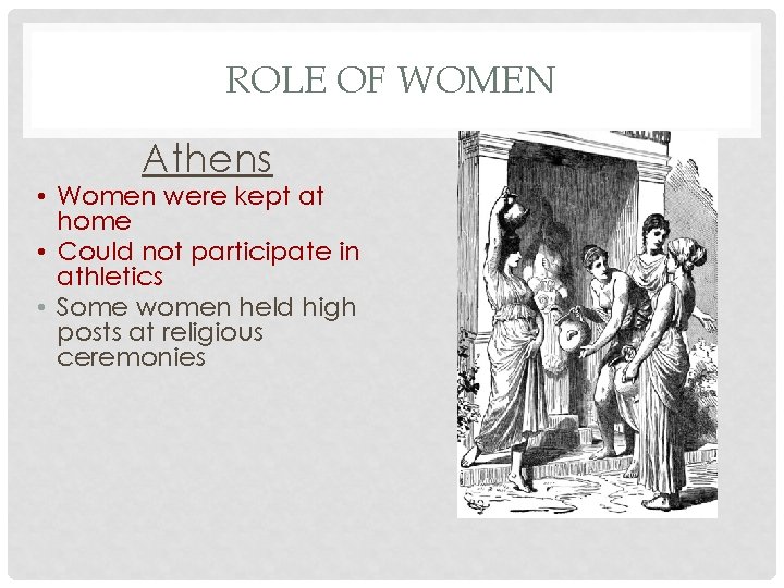 ROLE OF WOMEN Athens • Women were kept at home • Could not participate