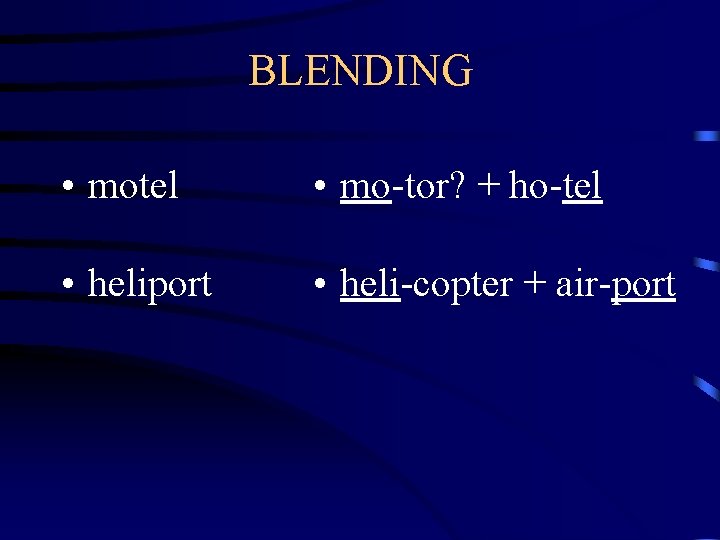 BLENDING • motel • mo-tor? + ho-tel • heliport • heli-copter + air-port 