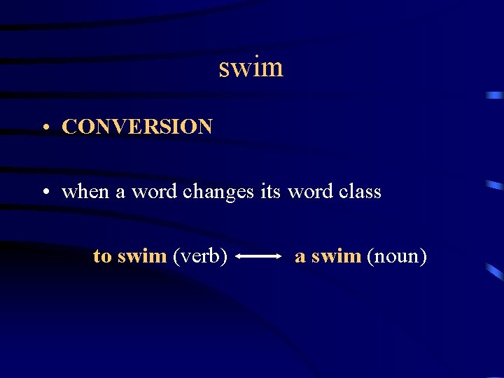 swim • CONVERSION • when a word changes its word class to swim (verb)