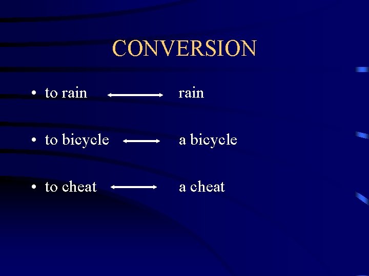 CONVERSION • to rain • to bicycle a bicycle • to cheat a cheat