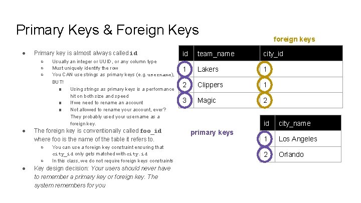 Primary Keys & Foreign Keys ● Primary key is almost always called id ○