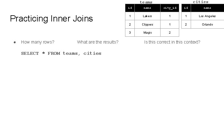 cities teams Practicing Inner Joins ● How many rows? What are the results? SELECT