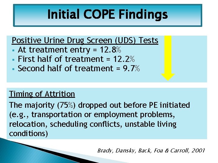 Initial COPE Findings (N=39) Cocaine Dependent + PTSD Positive Urine Drug Screen (UDS) Tests