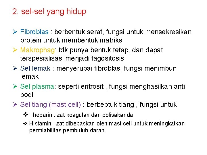 2. sel-sel yang hidup Ø Fibroblas : berbentuk serat, fungsi untuk mensekresikan protein untuk