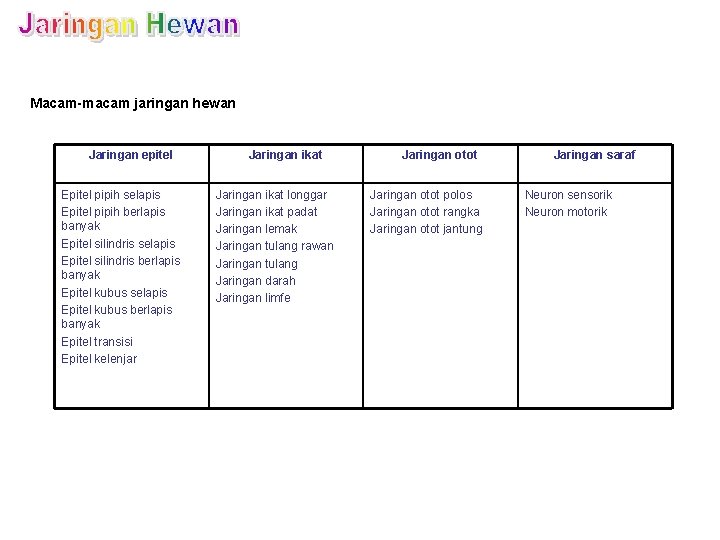 Macam-macam jaringan hewan Jaringan epitel Epitel pipih selapis Epitel pipih berlapis banyak Epitel silindris