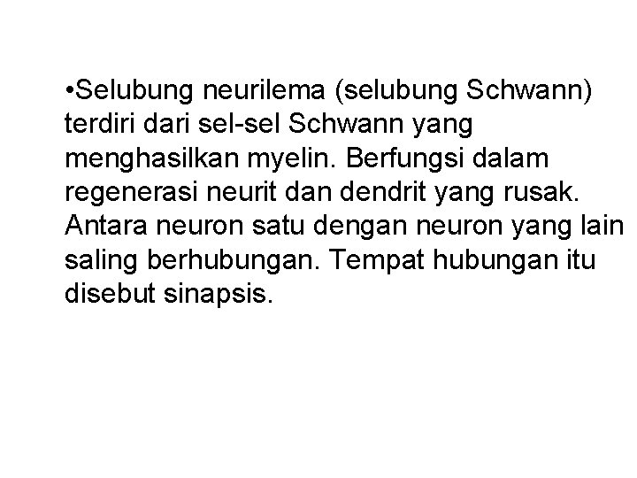  • Selubung neurilema (selubung Schwann) terdiri dari sel-sel Schwann yang menghasilkan myelin. Berfungsi