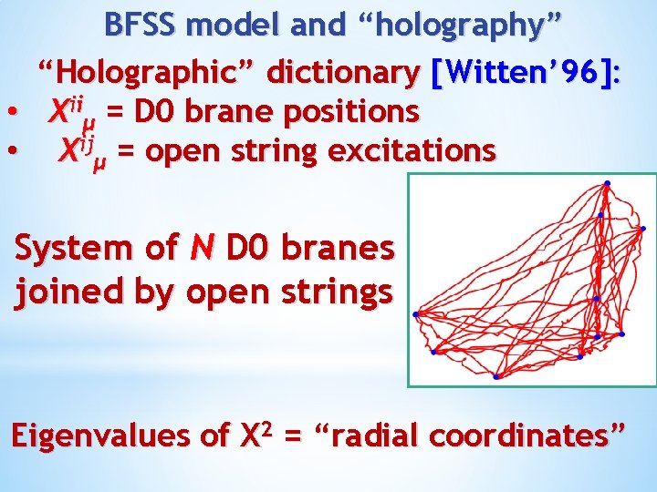 BFSS model and “holography” “Holographic” dictionary [Witten’ 96]: • Xiiμ = D 0 brane