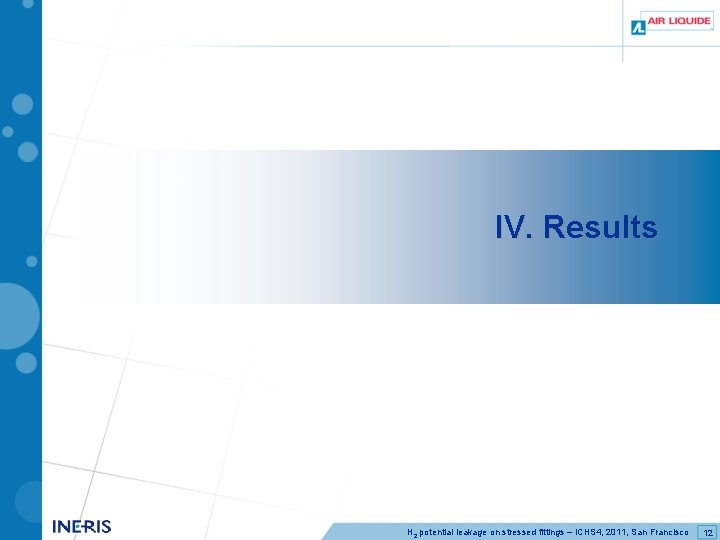 IV. Results H 2 potential leakage on stressed fittings – ICHS 4, 2011, San