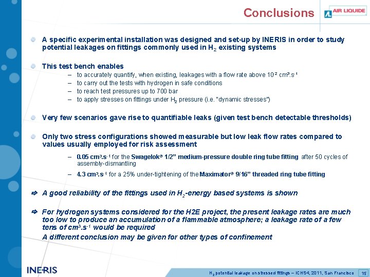 Conclusions A specific experimental installation was designed and set-up by INERIS in order to