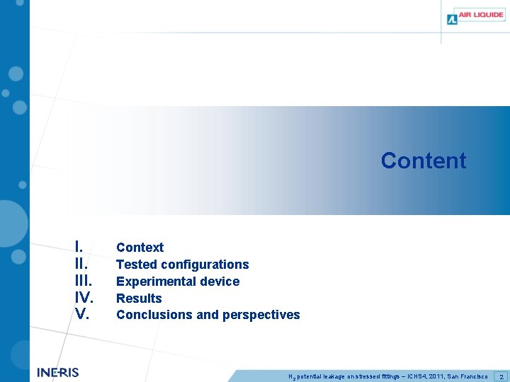 Content I. III. IV. V. Context Tested configurations Experimental device Results Conclusions and perspectives
